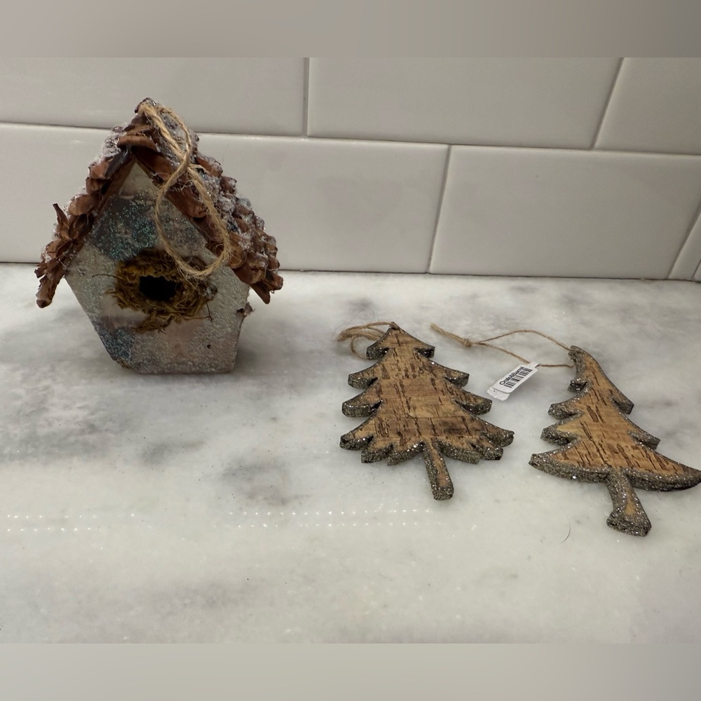 Crate And Barrel Woodland Christmas Ornaments. Set Of 3. Brand new